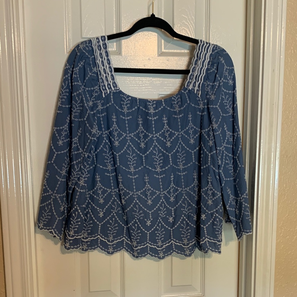 Caslon Blue Square-Neck Embroidered Peasant Top